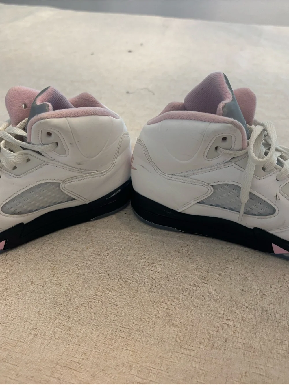 Kids White and Pink Jordan Retro 5 High-Top Athletic Sneakers